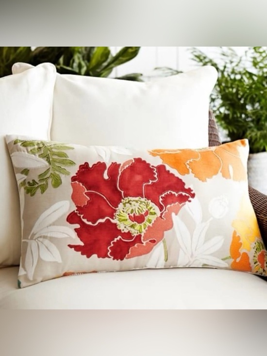 Pottery Barn Other - Pottery Barn Red Yellow Posy Floral Indoor Outdoor Lumbar Accent Pillow